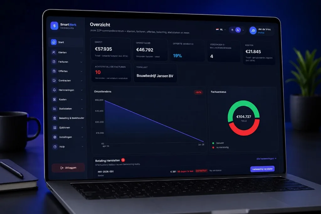 MacBook op een bureau met het SmartWerk-dashboard met omzet, facturen en statistieken